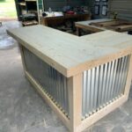 l shape metal planktop indoor 1 L Shape Metal Planktop - Rustic barnwood style, pallet style wood & corrugated metal indoor bar