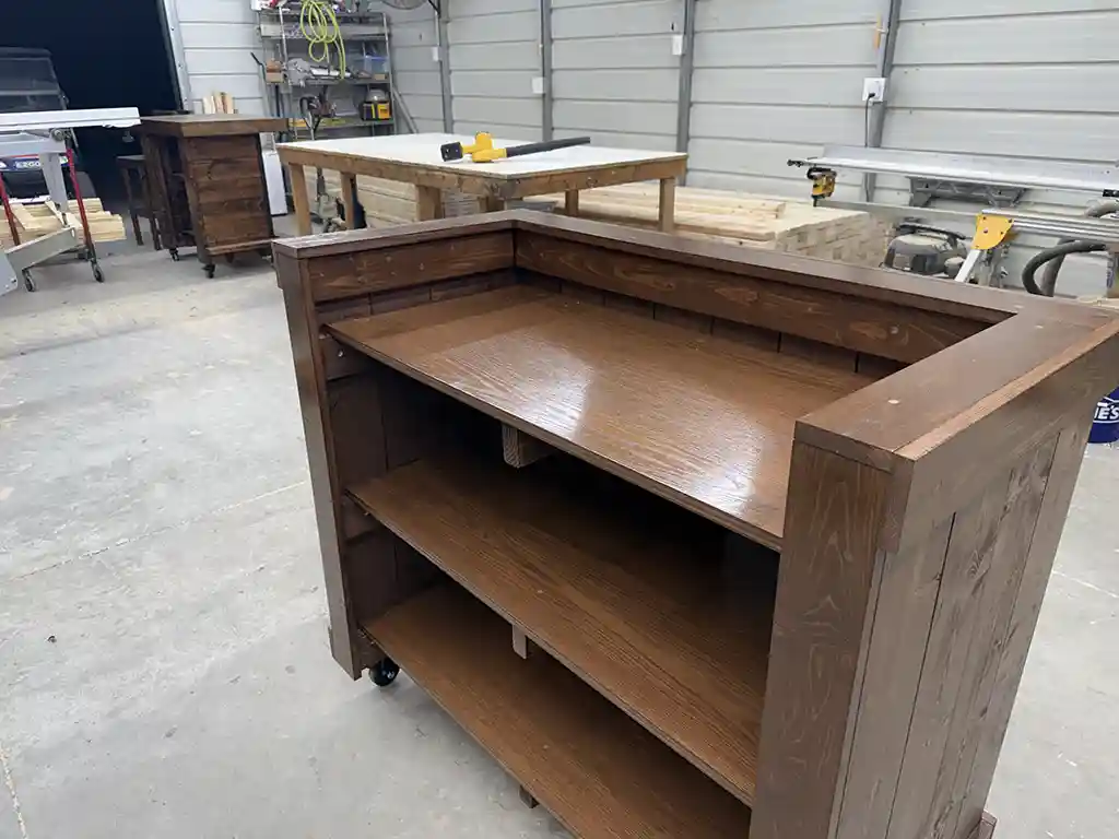 Walnut color Mobile Hostess Stand with 3 shelves 4 Walnut color Mobile Hostess Stand with 3 shelves 4