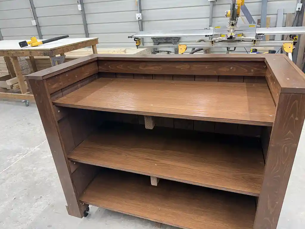 Walnut color Mobile Hostess Stand with 3 shelves 5 Walnut color Mobile Hostess Stand with 3 shelves 5