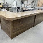 Coffee Mushroom Doc L Shape Plank Top Finished Large Sales Counter wADA drop 1 Doc L Shape Plank Top Finished Large Sales Counter w ADA drop, checkout counter, dispensary counter, industrial counter