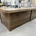 Coffee Mushroom Doc L Shape Plank Top Finished Large Sales Counter wADA drop 2 Doc L Shape Plank Top Finished Large Sales Counter w ADA drop, checkout counter, dispensary counter, industrial counter