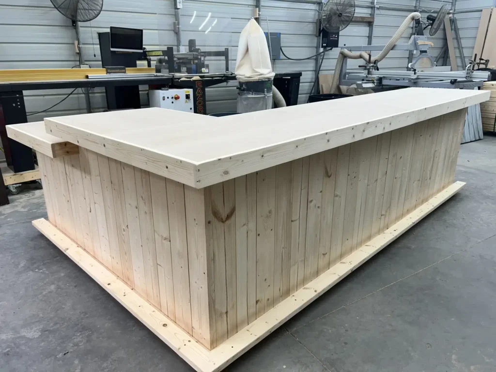 Providence Large Sales Counter - Unfinished L Shape with ADA drop footrail 1 Providence Large Sales Counter - Unfinished L Shape with ADA drop footrail, large checkout counter, pos drop, large retail counter