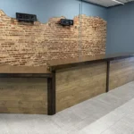 Mushroom Espresso Canny B Drop 16' x 8' Horizontal Large Sales Counter w angled ADA drop 1 Mushroom Espresso Canny B Drop 16 x 8 Horizontal Large Sales Counter w angled ADA drop, checkout counter, industrial counter, dispensary counter