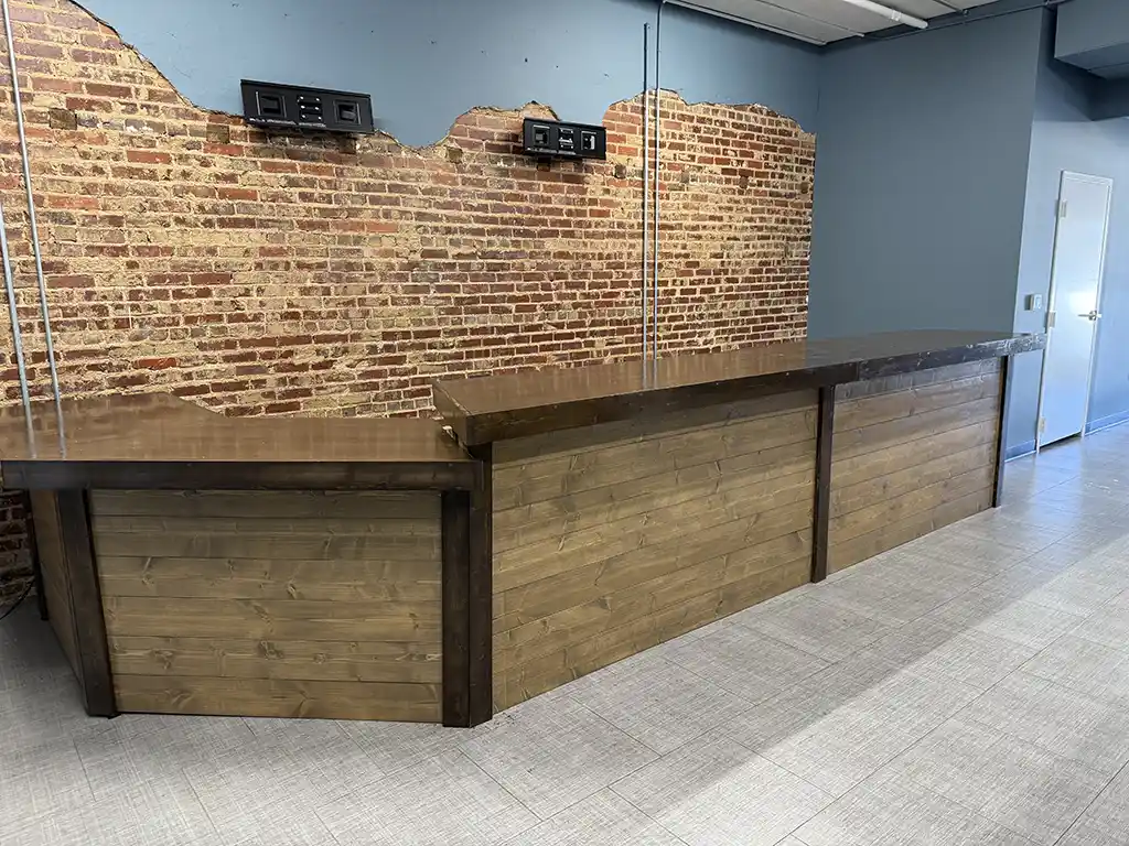 Mushroom Espresso Canny B Drop 16' x 8' Horizontal Large Sales Counter w angled ADA drop 1 Mushroom Espresso Canny B Drop 16 x 8 Horizontal Large Sales Counter w angled ADA drop, checkout counter, industrial counter, dispensary counter