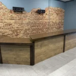 Mushroom Espresso Canny B Drop 16' x 8' Horizontal Large Sales Counter w angled ADA drop 2 Mushroom Espresso Canny B Drop 16 x 8 Horizontal Large Sales Counter w angled ADA drop, checkout counter, industrial counter, dispensary counter