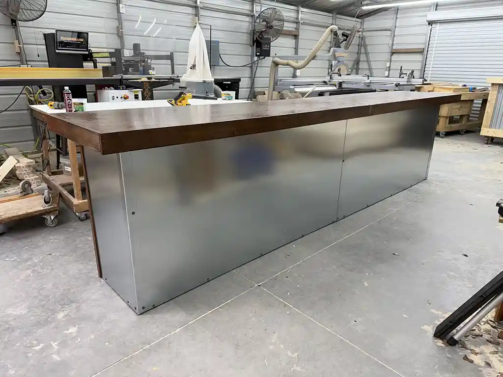 Walnut Flat Steely Large Modern Industrial Sales Counter 2 Walnut Flat Steely Large Modern Industrial Sales Counter 2